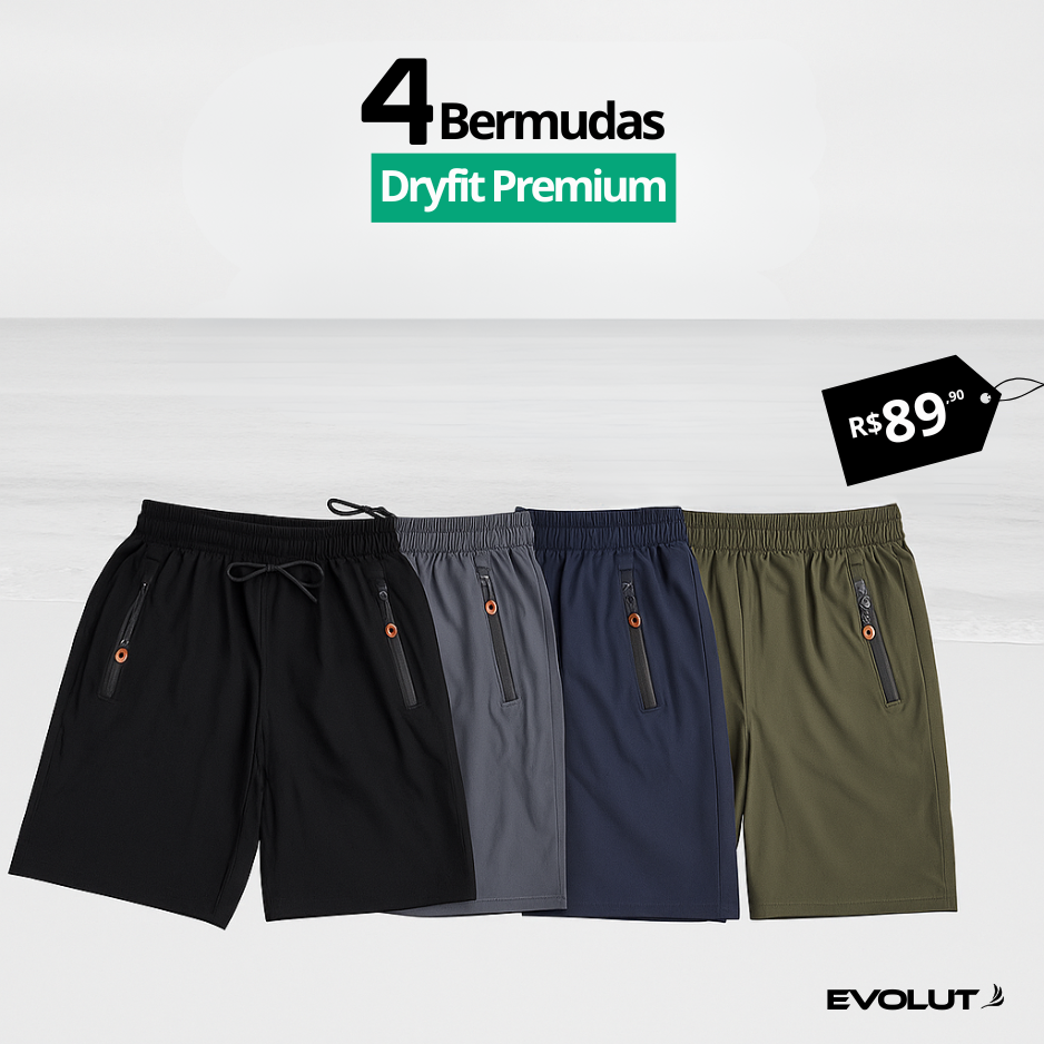 Kit 4 Bermudas DryFit Premium Evolut Performance - Secagem rápida, Bolso com Zíper e Ajuste Anatômico | FRETE GRÁTIS