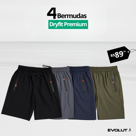 Kit 4 Bermudas DryFit Premium Evolut Performance - Secagem rápida, Bolso com Zíper e Ajuste Anatômico | FRETE GRÁTIS