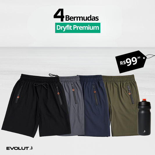 Kit 4 Bermudas DryFit Premium Evolut Performance - Secagem rápida, Bolso com Zíper e Ajuste Anatômico + BRINDE: Squeezy Evolut | FRETE GRÁTIS
